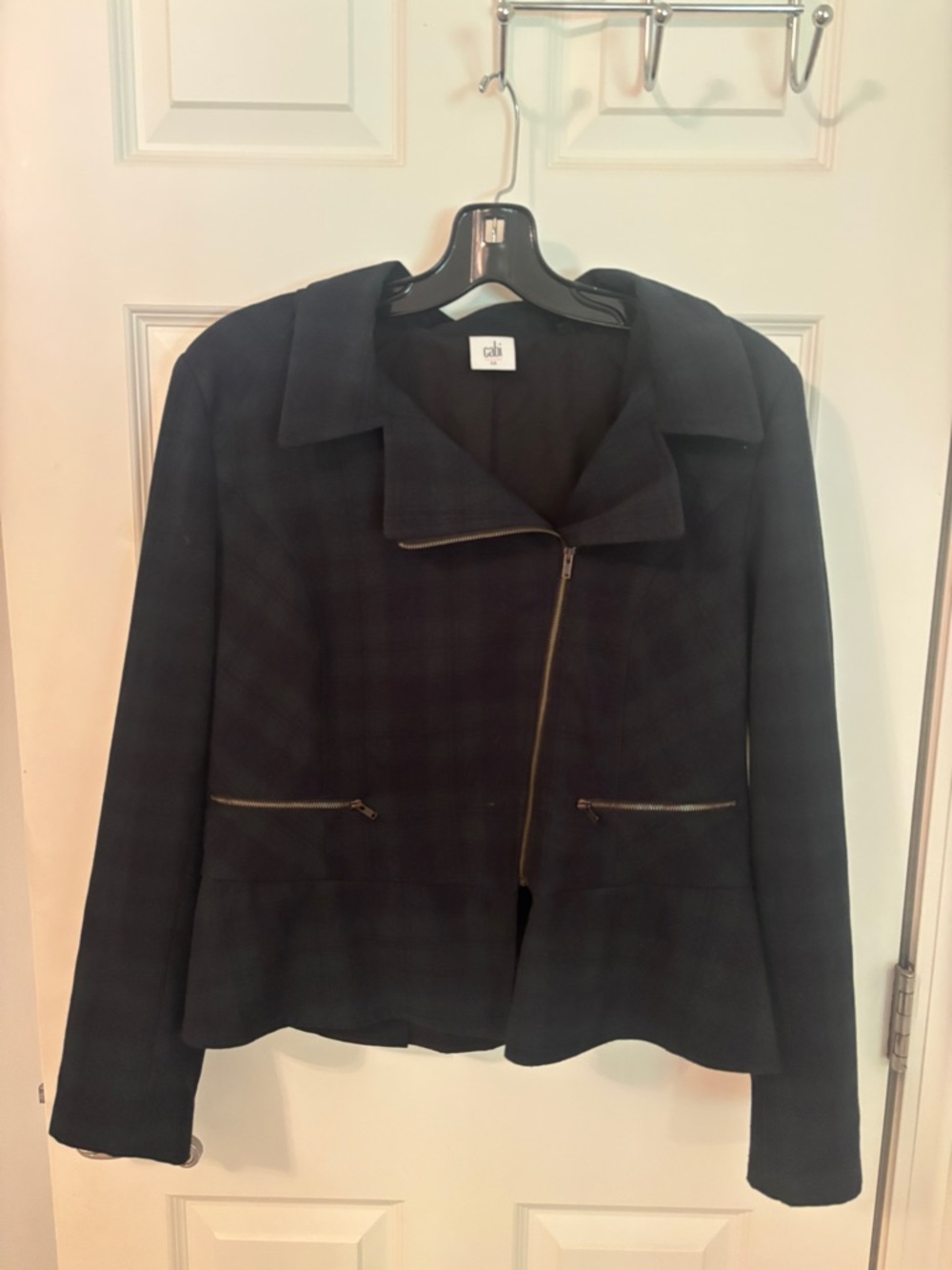 CAbi Women's Dark Plaid Asymmetric Zip Jacket